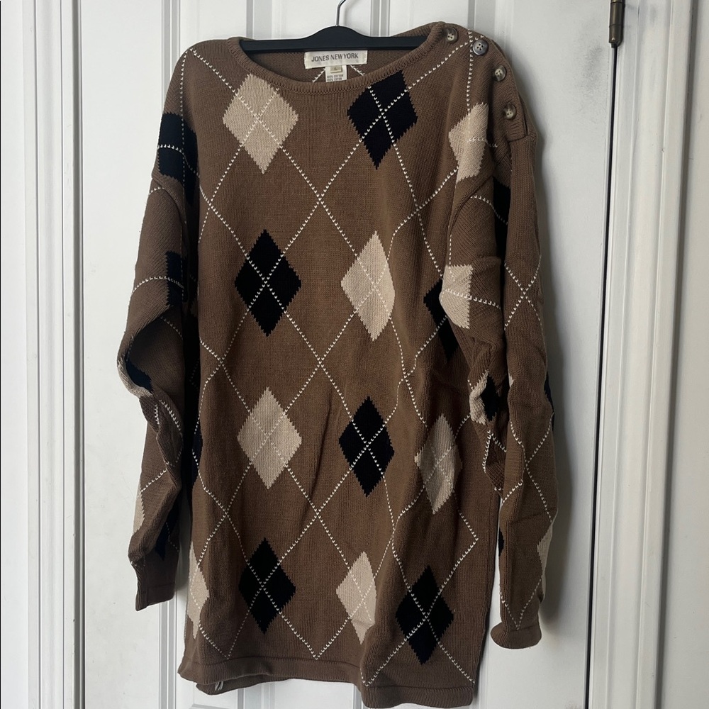 Jones New York Brown and Black Argyle Crewneck Sweater